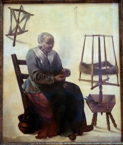 Die Spinnerin. Gemälde des Meisters der Delfter Schule (17. Jahrhundert) 1680 Genf von Dutch School