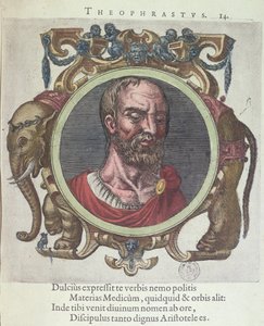 Theophrastos (ca. 372-287 v. Chr.), Illustration aus Veterum et Recentium Medicorum Philosophorumque Icones von Johannes Sambucus (1531-84), veröffentlicht von Plantin in Leyden 1603 (Farbstich)