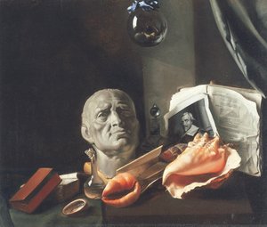 Vanitas-Stillleben mit einer Büste, Muscheln, Büchern und Glasflaschen
