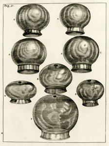 Verschiedene Schröpfgläser, aus Exercitationes Practicae circa Medendi Methodum von Frederik Dekkers, 1694