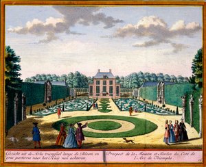 Ansicht des Hauses und Gartens in der Nähe des Triumphbogens, aus Het Zeganpralent Kennemerlant von Hendrick de Leth und Matthias Brouerius Van Nidek, veröffentlicht ca. 1700-30