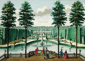 Ansicht des Gartens vom Haus, Watervliet, aus Het Zeganplant Kennemerlant, von Hendrick de Leth und Matthias Brouerius Van Nidek, veröffentlicht c.1700-1730 von Dutch School