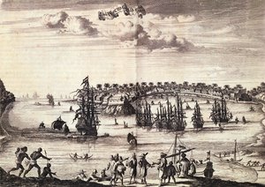 Ansicht des Hafens und der Stadt Galle, veröffentlicht in Amsterdam 1676 von Dutch School