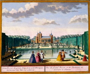 Ansicht des großen Beckens und Parterres hinter dem Haus, aus Het Zeganpralent Kennemerlant von Hendrick de Leth und Matthias Brouerius Van Nidek, veröffentlicht um 1700-30