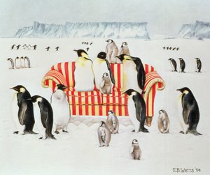 Pinguine auf einem rot-weißen Sofa, 1994 von E.B. Watts
