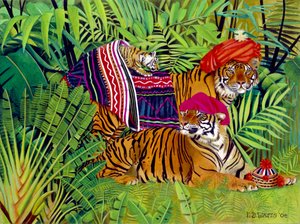 Tigerfamilie mit thailändischer Kleidung, 2004 von E.B. Watts