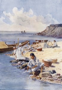 Koreanische Frauen waschen Kleidung in einem Fluss von E.H. Fitchew