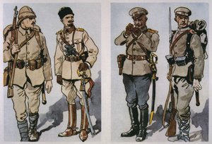 Türkischer Infanterist und Offizier (links) und bulgarischer Infanterieoffizier und Fußsoldat von 1917 (rechts) von 1917