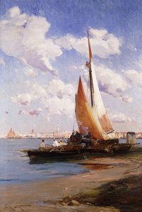 Fischerboote mit der Rivere degli Schiavoni, Venedig, im Hintergrund von E. Aubrey Hunt