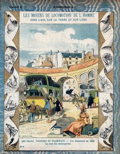 Diligence im Jahr 1840 - der Hof der Nachrichten - Postkutsche im Jahr 1840 - Aus einem Schutzumschlag für Schulbücher, Ende des 19. Jahrhunderts - Illustration von E. Letellier - Historisches Schutzheft, Ende des 19. Jahrhunderts von E. Letellier