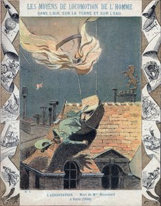 Der Tod von Marie Blanchard, Ehefrau des Luftfahrtpioniers Jean Pierre Blanchard, als ihr Ballon während einer Vorführung über Paris am 6. Juni 1819 Feuer fing - Aus einem Schutzumschlag für Schulbücher, Ende des 19. Jahrhunderts - Tod von Madame Blanchard