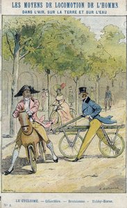 Velocipedes - Englisches Celerifere - Draisienne, Vorläufer des Fahrrads - Aus einem Schutzumschlag für Schulbücher, späte 19. Jahrhundert - Illustration von E Letellier - Celerifere - Draisienne - Steckenpferd (Nobby Horse) - Schutzumschlag historisch, En