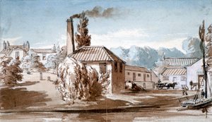 Ansicht der Stephenson und Giles Starch Works in Old Ford, Bow, London, ca. 1830