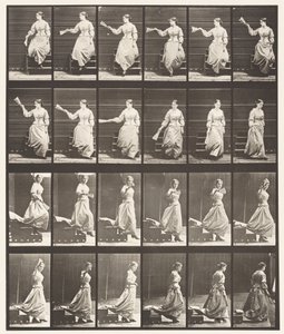 Platte 140. Treppen hinuntergehen, Umschauen und Fächern von Eadweard Muybridge