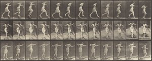Tafel Nummer 175. Überqueren eines Baches auf Trittsteinen mit einer Angelrute und Dose von Eadweard Muybridge