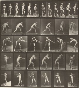 Tafel Nummer 521. A: Gehen. B: Stufe hinaufsteigen. C. Diskus werfen. D: Schaufel benutzen. E, F. Pickel benutzen von Eadweard Muybridge