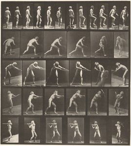 Tafel Nummer 521. A: Gehen. B: Stufe hinaufsteigen. C: Diskus werfen. D: Schaufel benutzen. E, F: Spitzhacke benutzen, 1887 von Eadweard Muybridge
