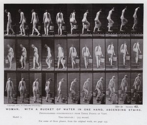 Die menschliche Figur in Bewegung: Frau, mit einem Eimer Wasser in einer Hand, Treppen aufsteigend von Eadweard Muybridge
