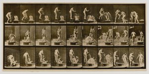 Frau gießt Becken mit Wasser über den Kopf einer anderen Frau, aus dem Buch Animal Locomotion von Eadweard Muybridge