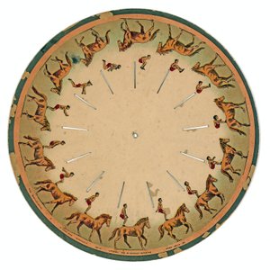Zoopraxiskop-Scheibe zeigt einen Akrobaten, der einen Rückwärtssalto auf einem Pferd macht, 1893 von Eadweard Muybridge