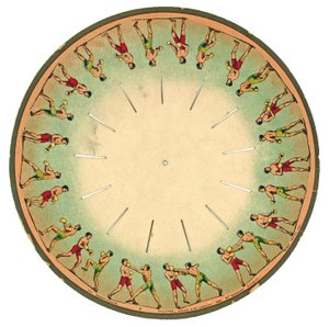 Zoopraxiskop-Scheibe zeigt Männer beim Boxen, 1893 von Eadweard Muybridge