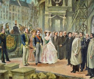 Baron Georges-Eugene Haussmann, Napoleon III und Kaiserin Eugenie besuchen die Arbeiter an der Oper von Ed. Gilis