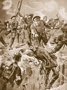 Korporal J. Davies und acht Männer vertreiben mit dem Bajonett eine Gruppe von Deutschen, die sie zuvor umzingelt hatten (Lithografie)