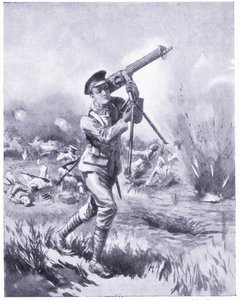 Private Lynn trägt ein Maschinengewehr zur Reparatur unter schwerem Beschuss in der Schlacht von Aisne. Ausgezeichnet mit DCM 1915 von Edgar Alfred Holloway