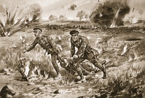 Sergeant Gannon hilft einem Offiziersdiener, seinen verwundeten Herrn unter schwerem Beschuss zu bergen von Edgar Alfred Holloway