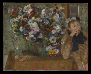 Eine Frau sitzt neben einer Vase mit Blumen (Madame Paul Valpinçon?)