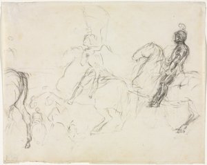 Kampfszene mit gepanzerten Figuren zu Pferd recto Zwei sitzende Frauen verso, 1856-1860 von Edgar Degas