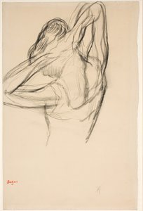 Tänzerin, die ihr Haar richtet; Halbfigur im Profil nach links, halb von hinten von Edgar Degas