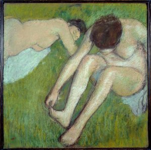 Zwei Badende auf Gras (Pastell auf braunem Papier)