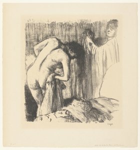 Frau trocknet sich nach dem Bad ab und bekommt Kleidung gereicht von einer Frau von Edgar Degas