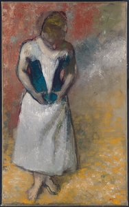 Frau steht von vorne, schnürt ihr Korsett, 1883 von Edgar Degas