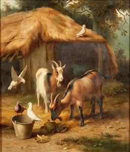 Ziegen und Tauben in einem Bauernhof von Edgar Hunt