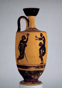 Attische schwarzfigurige Lekythos, dekoriert mit einem alten Mann, der einem Jugendlichen einen Ball zuwirft, ca. 500 v. Chr.
