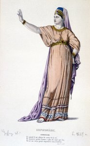 Die Figur der Sophonisbe in der Tragödie Sophonisbe - Vollständiges Theater: (Sammlung von Stücken von Corneille) Zeichnung von Geffroy, Gravur von L. Wolff - Hrsg. Laplace, Sanchez et Cie, Paris 1884