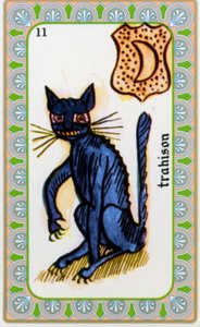 Tarot von Magus Belline gezeichnet von Edmond Billaudot ca. 1845 und an Hellseher Belline zur Neuauflage gegeben: Karte des Verrats: die Katze