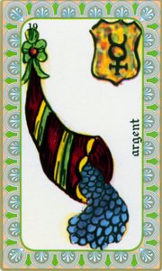 Tarot von Magus Belline gezeichnet von Edmond Billaudot ca. 1845 und an Hellseher Belline zur Neuauflage gegeben: Karte des Geldes: Münzen in einem Füllhorn von Edmond Billaudot