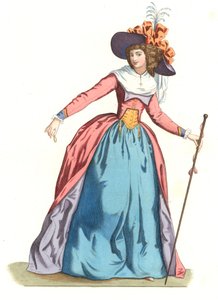 Französische Frau in Mode des 18. Jahrhunderts - Lithografie nach einer Illustration von Edmond Lechevallier-Chevignard (1825-1902), aus „Historische Kostüme des 16. Jahrhunderts“ von Edmond Lechevallier Chevignard