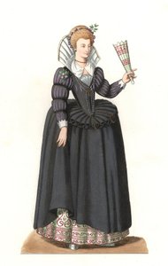 Französische Frau unter der Herrschaft von König Heinrich III. (1551-1589) - Lithographie basierend auf einer Illustration von Edmond Lechevallier-Chevignard (1825-1902), aus „Costumes historiques des 16th“ von Edmond Lechevallier Chevignard