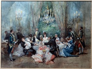 Mahlzeitszene. Illustration für Szene 10 von Akt II von „Le Réveillon“ von Henri Meilhac und Ludovic Halévy