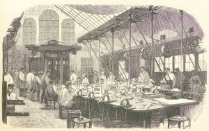 Silberschmiede bei der Arbeit in der Christophle-Besteckfabrik in Paris, veröffentlicht 1875 (Gravur)