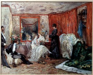 Theaterkomödiantin Hortense Schneider in ihrer Garderobe im Théâtre des Variétés. Aquarell von Edmond Morin von Edmond Morin