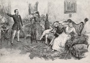 Zwei Frauen und zwei Kinder, erschreckt von einem einschüchternden Mann, Gravur nach einer Illustration von Edoardo Matania zum Buch 