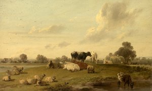 Landschaft mit Rindern und Schafen