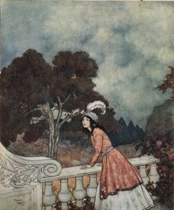 Blaubart: Blaubarts junge Frau Fatima fragt ihre Schwester Anne, ob sie ihre Brüder vom Turm aus sieht, ca. 1910 (Lithografie)