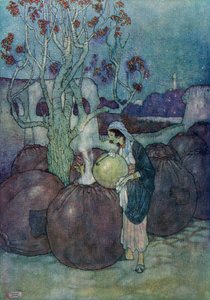 Morgiana goss in jedes Gefäß nacheinander eine ausreichende Menge des kochenden Öls, Illustration aus 