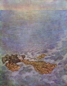 Noch einmal sah sie den Prinzen an, mit ihren Augen, die bereits vom Tod getrübt waren, dann sprang sie über Bord und fiel, ihr Körper löste sich in Schaum auf, Illustration aus 